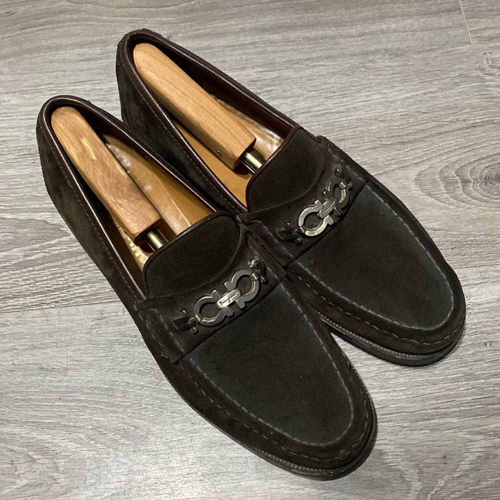Salvatore Ferragamo-Gancini Bit-Brown Suede Loafer 10.5D